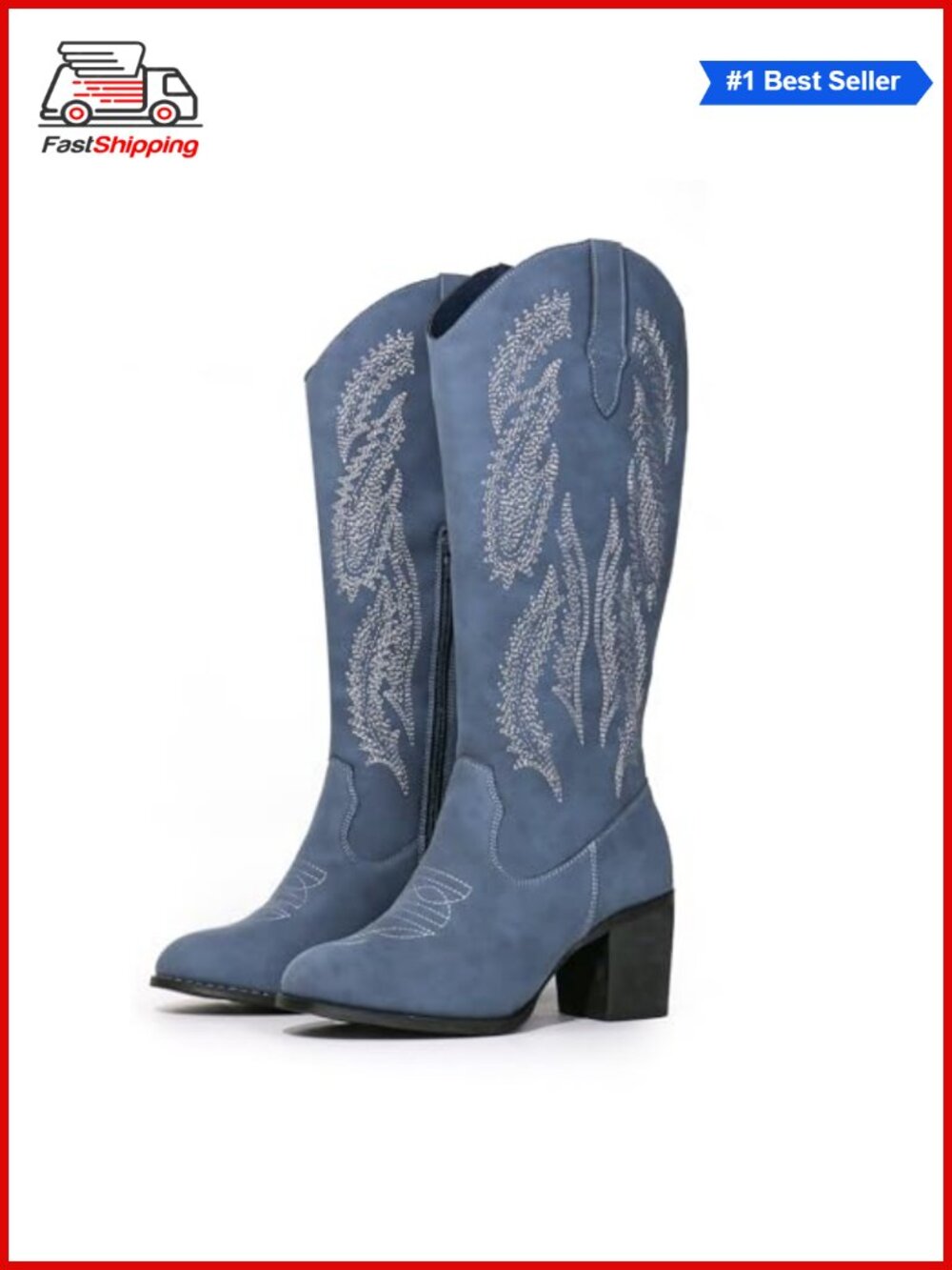 ✨ Embroidered Western Cowgirl Boots Chunky Block Heel Pull On Mid Calf